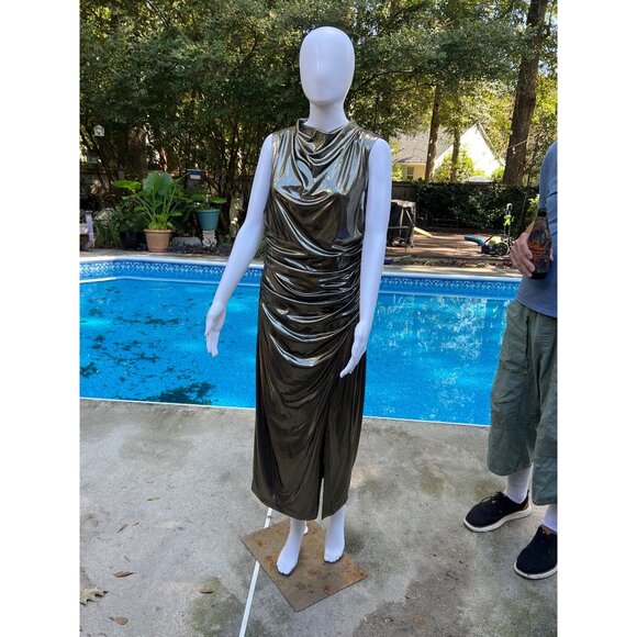 Vince Camuto Gold Metallic Draped Sleeveless Midi Dress Size 14 New With Tags Wo - Picture 4 of 12